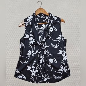 Banana Republic Modern Black & White Floral Sleeveless Blouse W Tie Size L‎